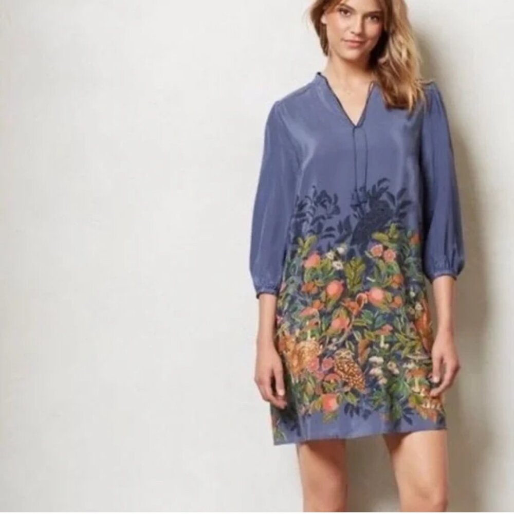 Anthropologie | Moulinette Soeurs Woodland Animal Print Silk Dress, Sz. M